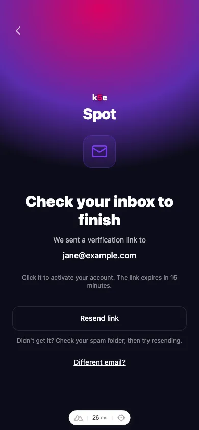 The “Check your inbox to finish” screen with Resend link and Different email options