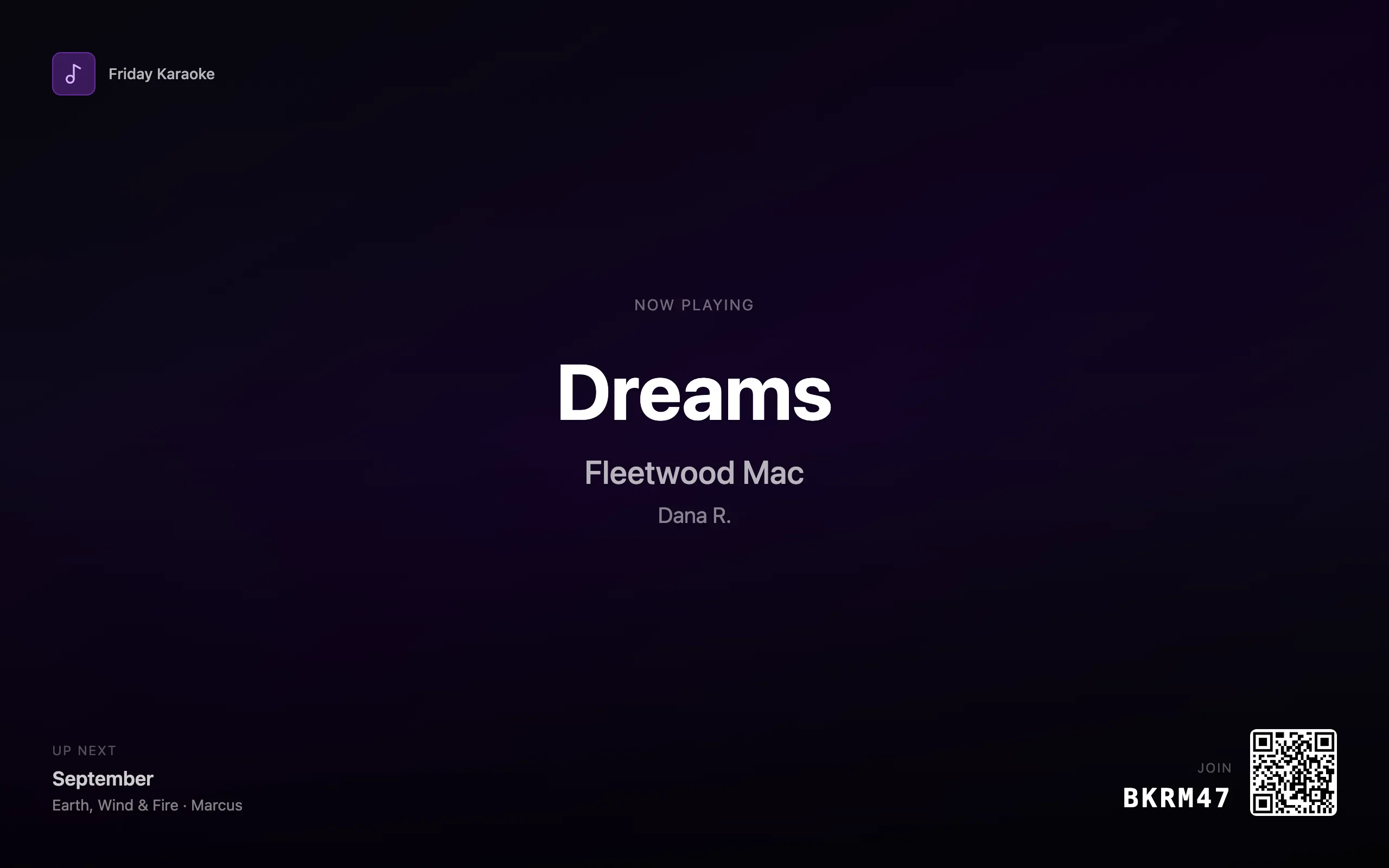 Cue's room display: Dreams by Fleetwood Mac now playing for Dana R., September up next, and the join code BKRM47 with a QR code.