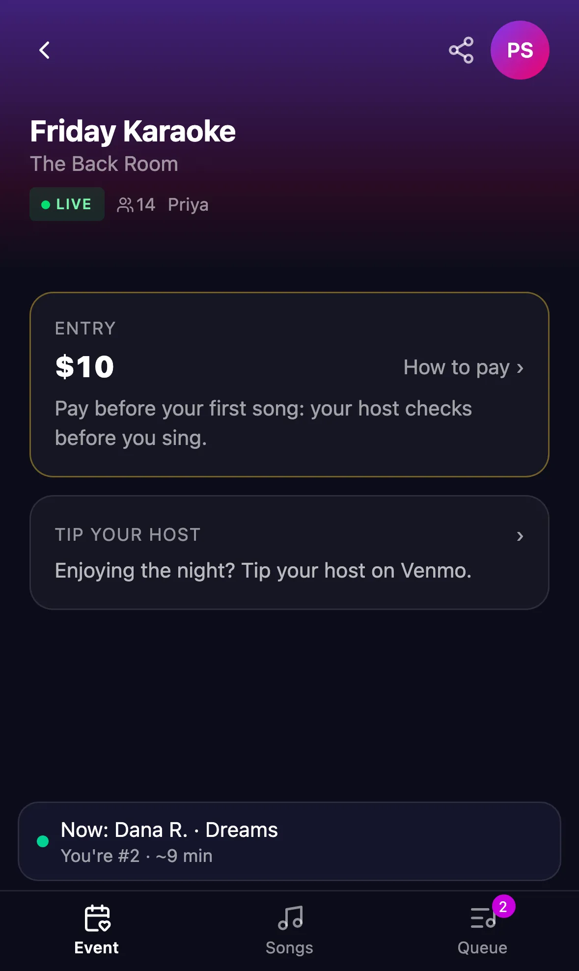 Spot's event page for a live night, with a $10 entry card and a Tip your host card.