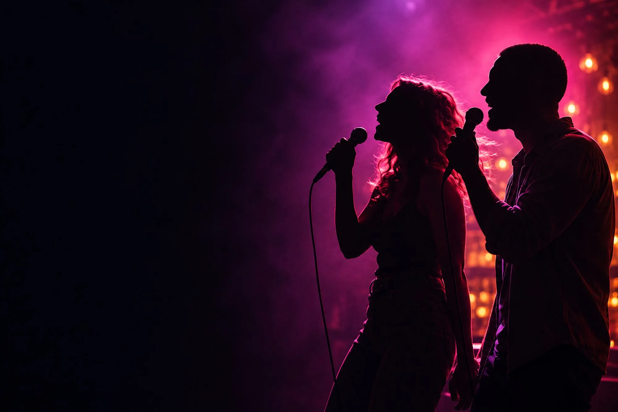 Two friends in silhouette sing a duet on a small bar stage, each with their own microphone, under pink and violet light