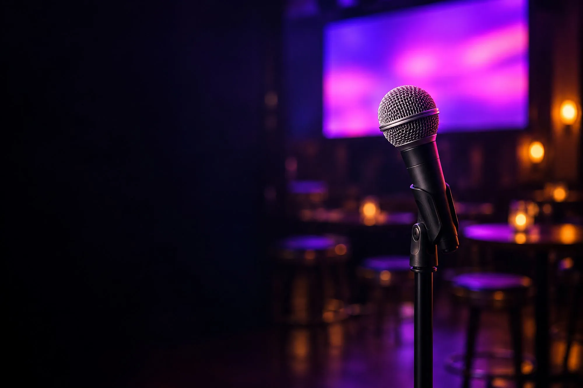 A microphone on a stand in an empty karaoke bar, a lyric screen glowing violet behind it