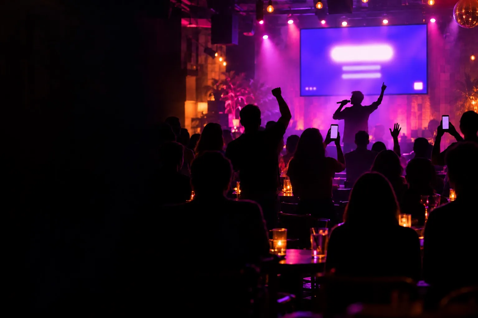 A full karaoke bar seen from the back: a singer at the microphone under a glowing room screen, the crowd at candlelit tables cheering and holding up phones