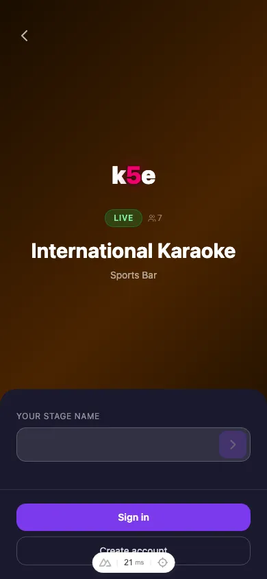 The event join screen showing the event name, a live badge, and a stage name field