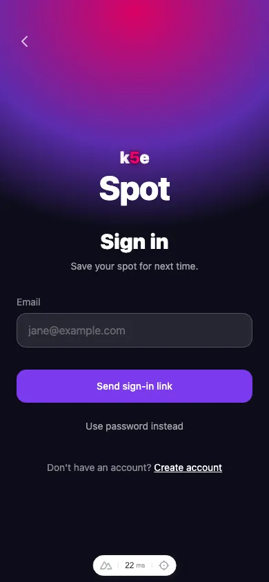 The Sign in screen with an email field, Send sign-in link button, and Use password instead option