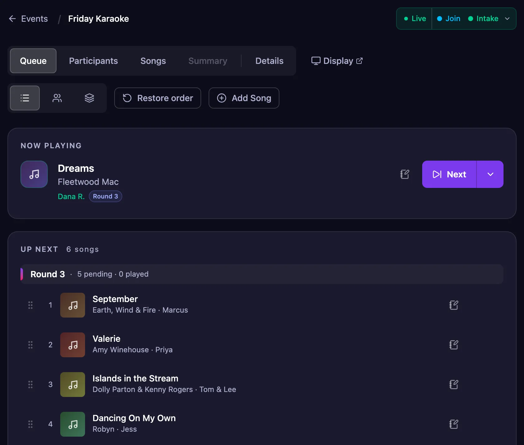 Cue's live queue: Dreams now playing with a Next button, and six songs up next.