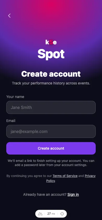 The Create account screen with a name field, email field, and Create account button