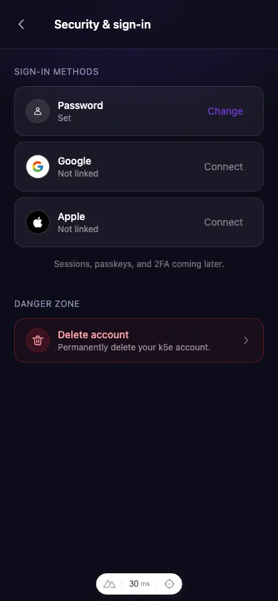 The Security & sign-in screen showing Password, Google, and Apple sign-in methods