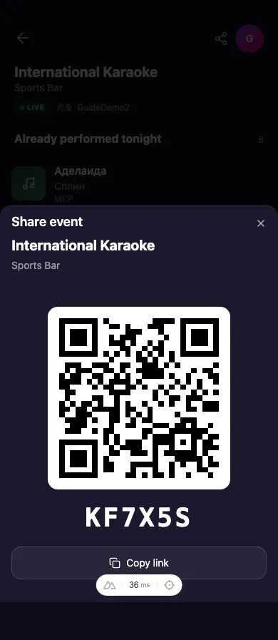 The share sheet showing a QR code, the join code, and a Copy link button