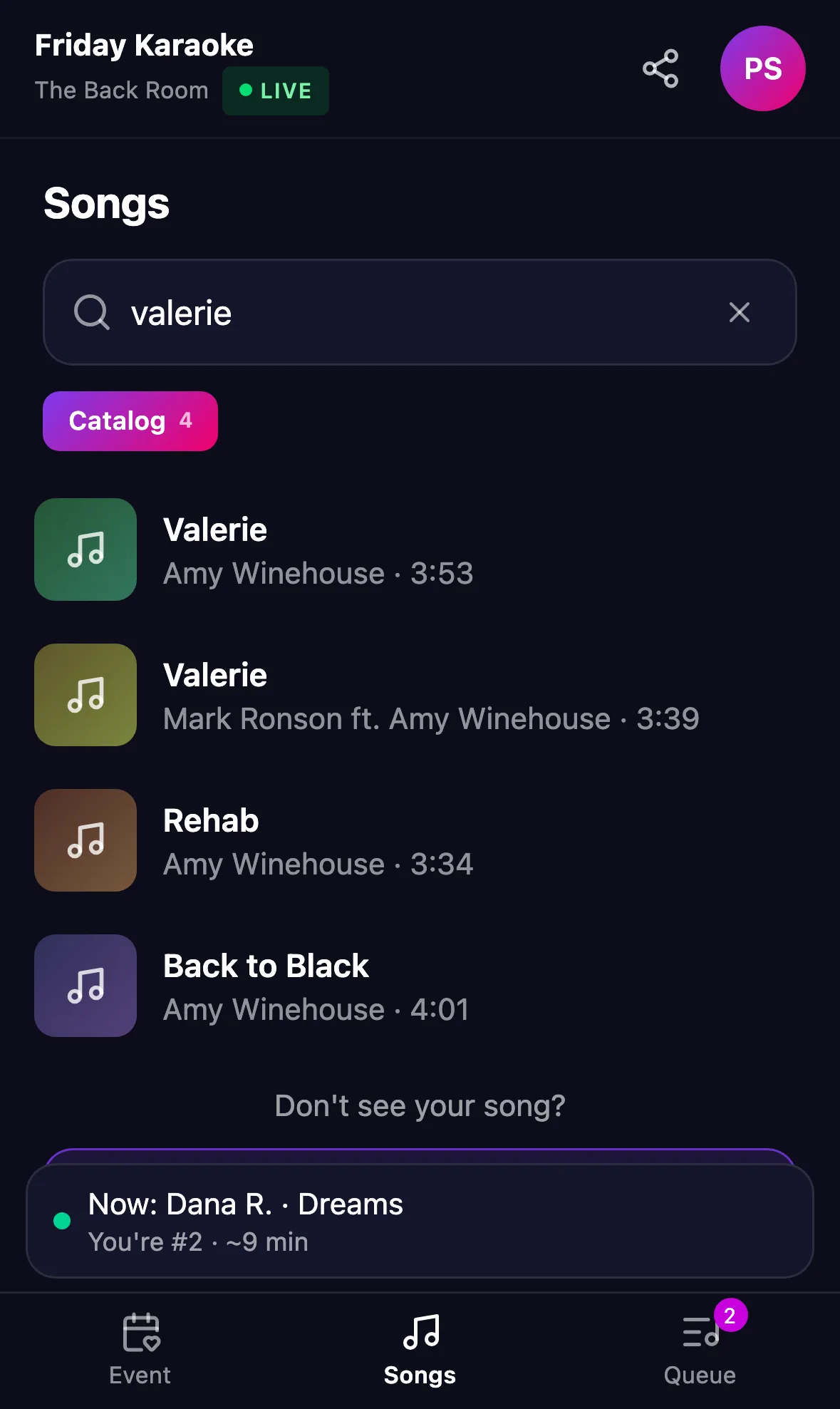 Spot's Songs tab with search results for "valerie" from the host's catalog.